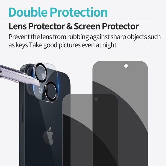 Pehael [2+2 Pack] iPhone 15 Privacy Screen Protector with Camera Lens Protector - Picture 2 of 9